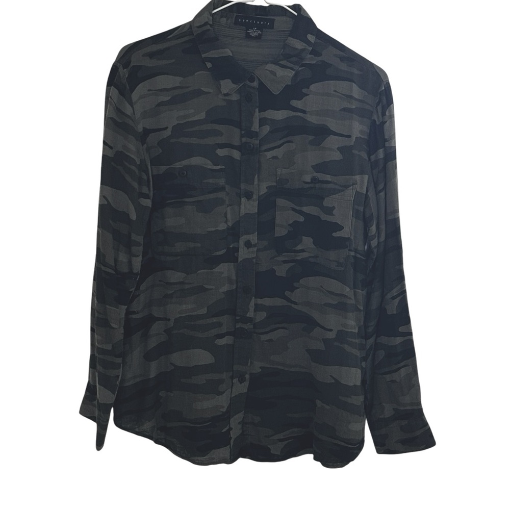 Sanctuary Button Down Green Camo Blouse Women Sz L P